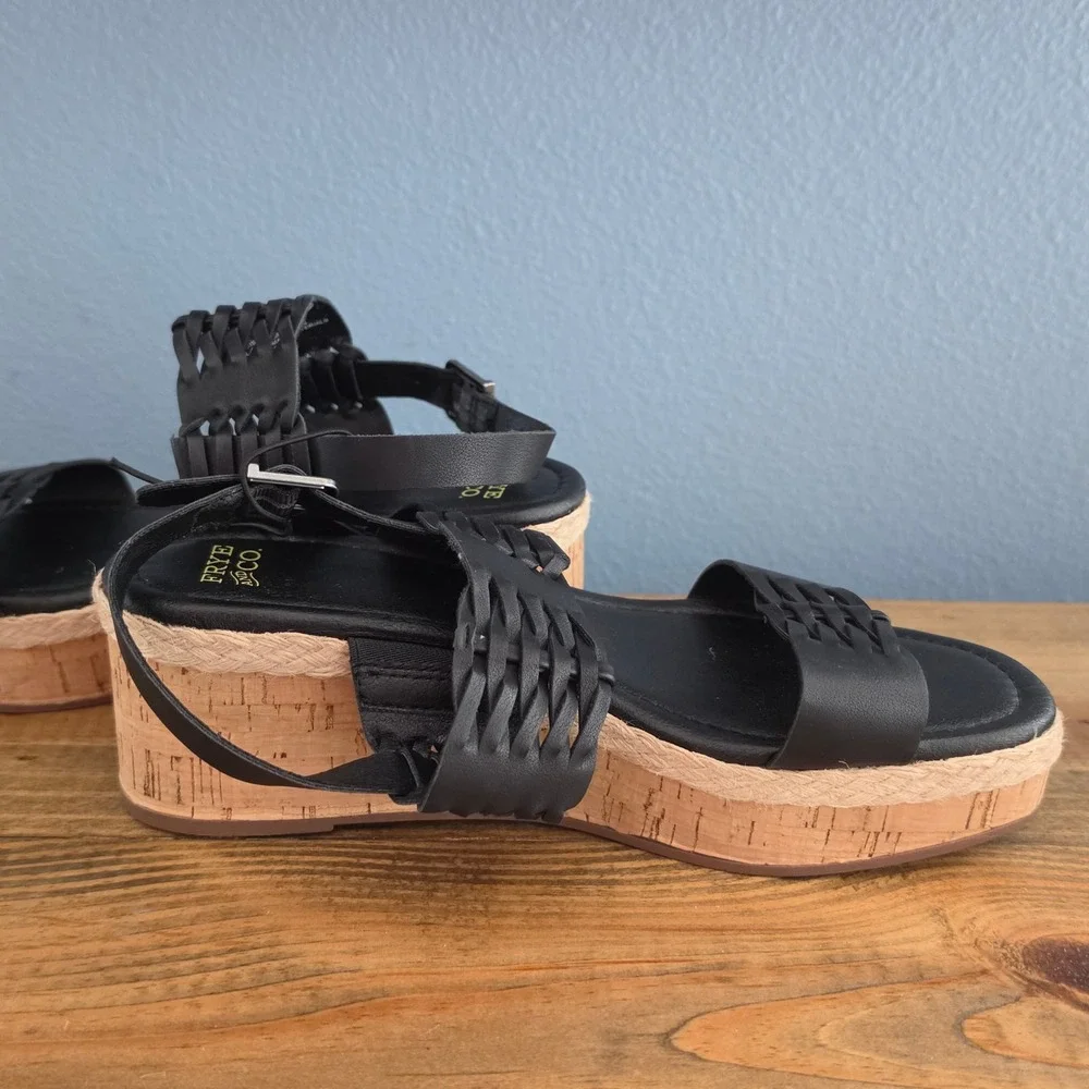 Frye and Co Womens Lavish Wedge Sandal Black Woven Cork Platform Size 7M